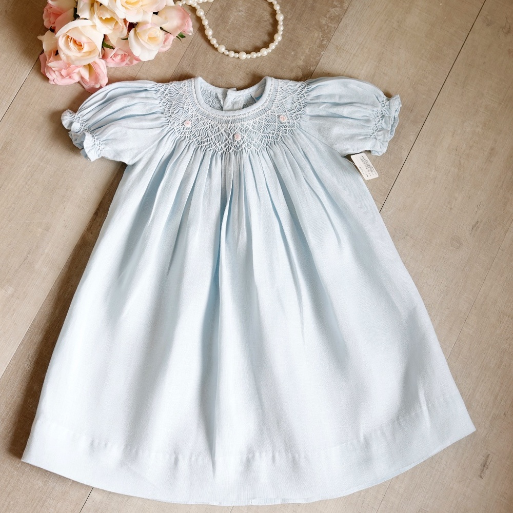 Smocked 100% Cotton LINEN Dress Blue Boutique Baby 6 Month Spring PERFECT